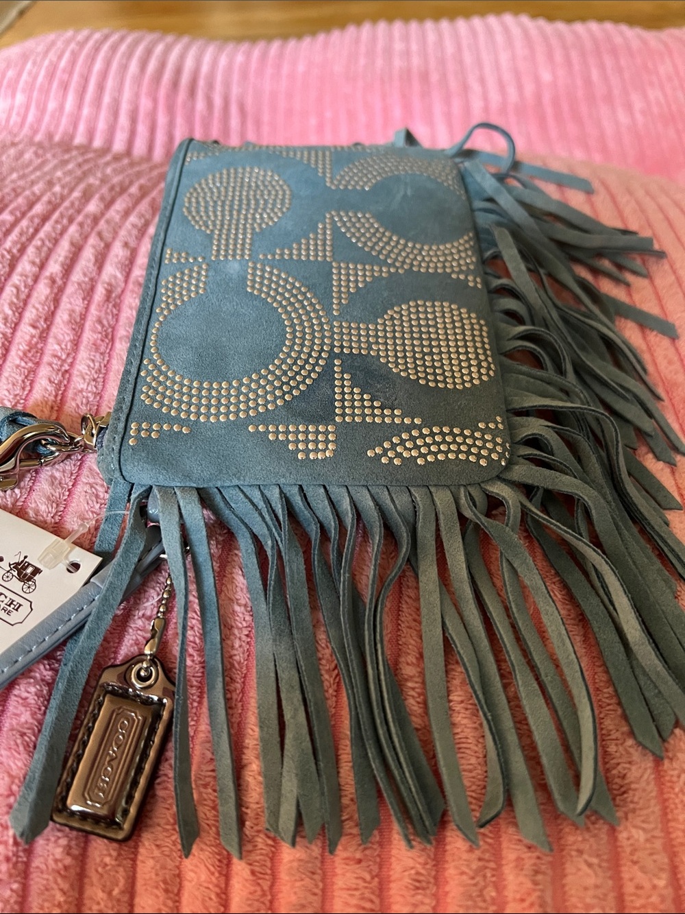 Coach Poppy “Bella” Studded Suede Fringe Wristlet - Picture 9 of 14